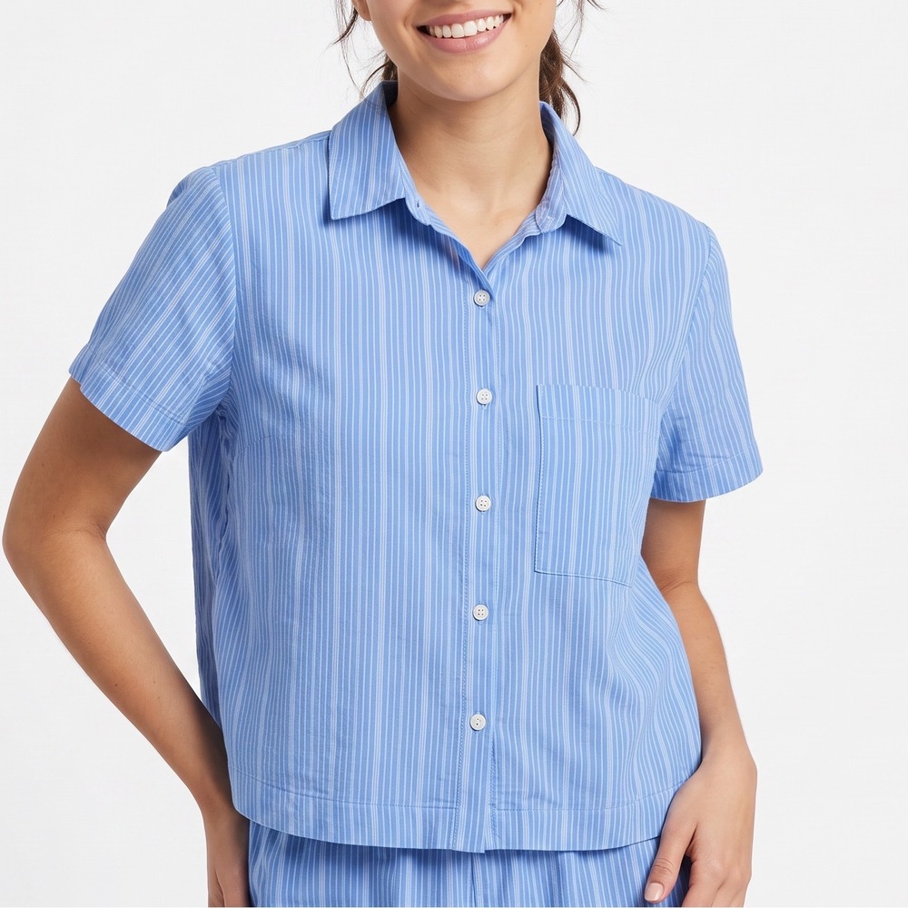 Auden Pajama Top Womens M Short Sleeve Blue Striped Button-down Excellent